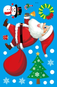 Detailed sheet of Christmas window clings with Santa, snowman, and festive decor