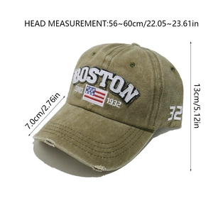 Detail view of washed cotton baseball cap with Boston embroidery and size specifications