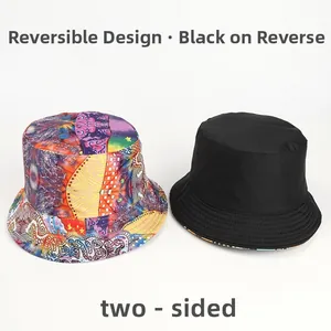 Double-sided bucket hat showing vibrant abstract print side and classic plain black side