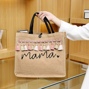Large cotton linen tote bag with colorful tassels and mama embroidery for women