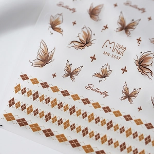 Miisha Nail MN-355F vintage brown butterfly and argyle pattern embossed nail art stickers