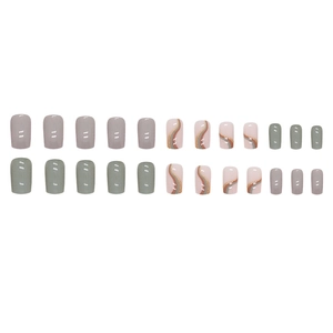 Short square press-on nails in Morandi grey and green with glitter wave patterns