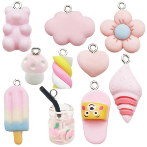 Cute pink resin cartoon pendants set including bears and flowers for DIY jewelry making