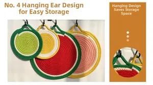 Detail view of woven cotton fruit placemats with convenient hanging loops for storage