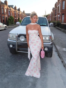 Floral tube long dress in white and pink rose print with matching neck ribbon