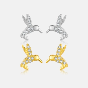 925 Sterling Silver Hummingbird Stud Earrings Minimalist Animal Rhinestone Inlaid Gold Silver Plated Dainty Earrings Jewelry