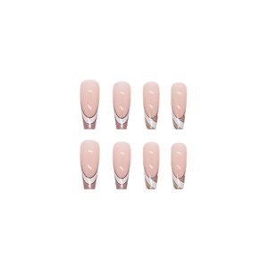 Unghie finte ballerina nude con punte francesi bianche e linee dorate glitterate