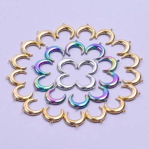 Polished moon-shaped stainless steel charms in gold, silver, and rainbow colors for DIY jewelry