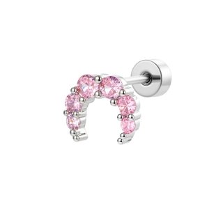 Silver crescent piercing stud with seven sparkling pink zircons for ear cartilage and lobe