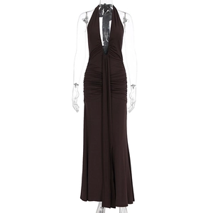Detail of dark brown ruched halter maxi dress with deep V-neck and mermaid silhouette