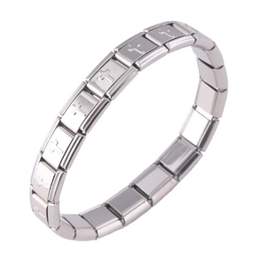 Italian charm modular stretch bracelet with cross engravings in polished silver stainless steel