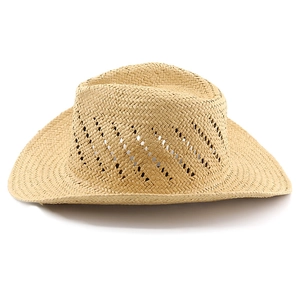 Detailed view of the hollow-out breathable woven pattern on a natural straw cowboy hat