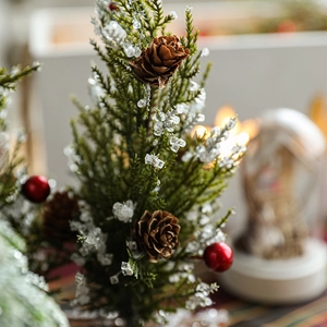 Mini tabletop Christmas tree with pine cones, red berries, and artificial snow on wood base