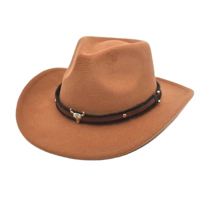 Classic brown wool felt western cowboy hat with metal bull head buckle and studded band