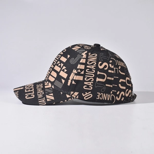 Unisex black cotton baseball cap featuring light brown graffiti alphabet pattern