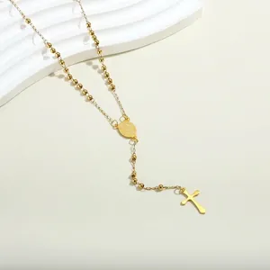 Golden stainless steel rosary necklace with cross pendant and virgin mary medal