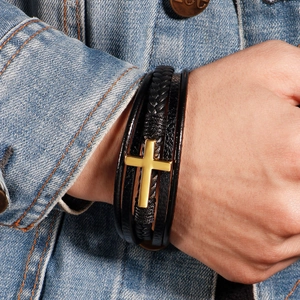 Men's multi-layer braided black leather bracelet with gold cross and magnetic clasp
