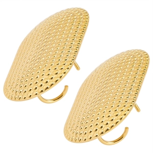 Macro shot of gold-plated stainless steel earrings with textured oval relief patterns