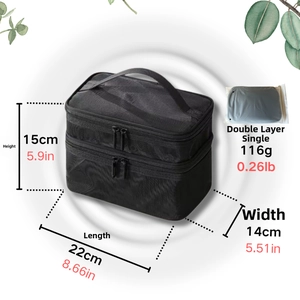 Detailed dimensions of the black double-layer mesh toiletry bag measuring 22x14x15cm