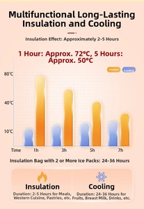 Infographic showing thermal insulation and cooling performance charts for the cake bag