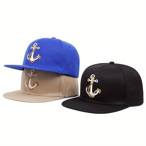 Detail of embroidered anchor and rope patterns on cotton snapback baseball caps in three colors