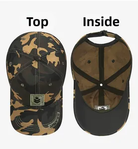 Macro detail of camouflage baseball cap showing top vents and inner reinforcement