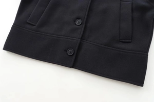 Vue détaillée de l'ourlet, du bord de la poche et des boutons ronds sur un manteau noir