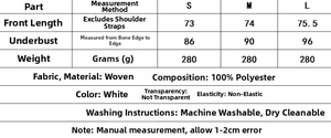 Size chart for women's white backless dress with fabric composition and care instructions