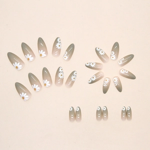 Green gradient almond nails with white daisy floral design, 24-piece press-on nail set