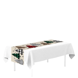 Christmas tree pattern table runner with plaid and leopard print for holiday dining decor
