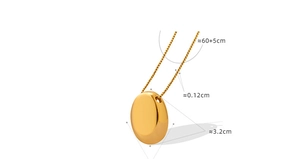 Detail showing an oval gold mirror pendant necklace with dimensions 3.2cm and 65cm chain