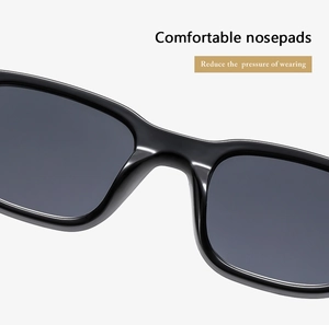 Detail of comfortable integrated nose pads on square sunglasses for pressure reduction