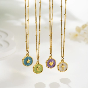 Enamel Oil Dripping Pendant Necklace 18K Gold Plated Stainless Steel Heart Star Moon Cross Charm Simple Y2K Jewelry Women