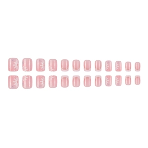 Short square press-on nails with pink base, white floral patterns and gold glitter accents