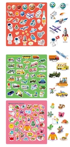 Detailed views of educational stickers for kids featuring space, vehicles, and seasons