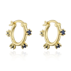 Close-up of 18K gold plated hoop earrings with blue AAA zircon stone settings