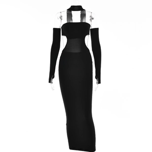 Chic black halter neck long dress with side cut-outs and matching long sleeve gloves