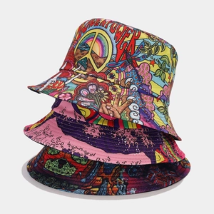 Fashionable reversible bucket hats with graffiti and wave prints in various vibrant colors