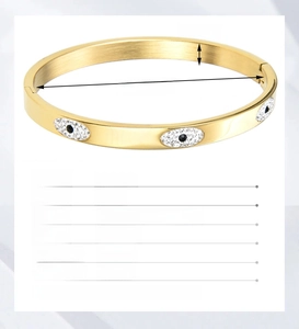 Detailed view of gold stainless steel eye bracelet with carved stones and 6mm width specs