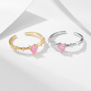S925 silver adjustable ring featuring a pink heart zirconia and polished gold finish