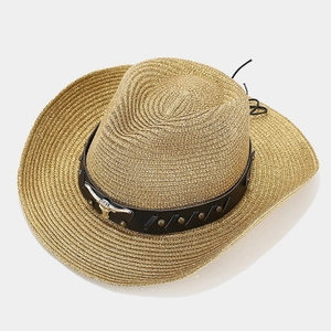 Western straw cowboy hat with metallic bull head decor and black leather strap
