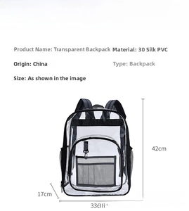 Transparent PVC backpack dimensions guide showing 42x33x17cm size and black trim details