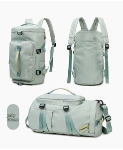 Three-way view of durable jelly green nylon sports gym bag with versatile carrying straps