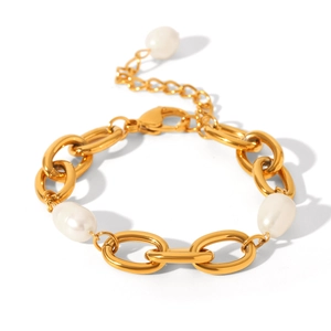 Golden PVD stainless steel chain bracelet with white baroque freshwater pearls for women