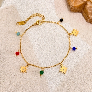 Gold stainless steel bracelet with colorful beads and zircon star charms and lobster clasp