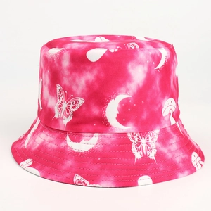 Detail of pink tie-dye bucket hat with butterfly and mushroom prints and neat stitching