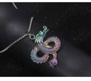 Close-up of vibrant rainbow dragon totem pendant on a sleek silver metal chain necklace