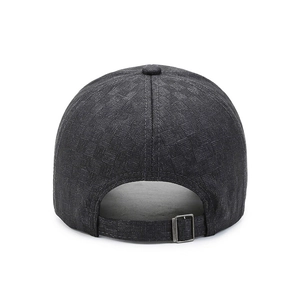 Back view of men's dark gray checkerboard texture baseball cap with adjustable metal buckle