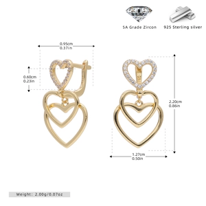 Detail view of S925 sterling silver heart earrings with 5A zircon and size dimensions