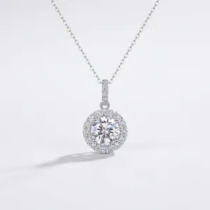 925 Sterling Silver Moissanite Necklace For Women Classic Round Halo Pendant Necklace Elegant Jewelry Gift For Wedding Daily